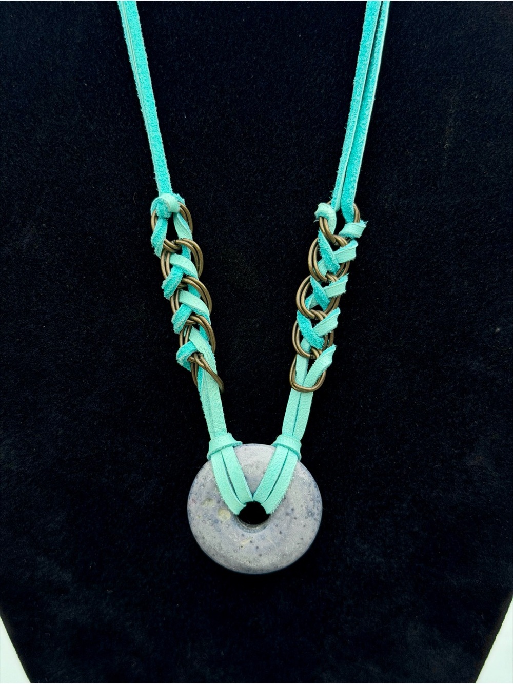 Blue Speckled Stone Donut Pendant Turquoise Suede 21-1/2” Necklace - Picture 2 of 5